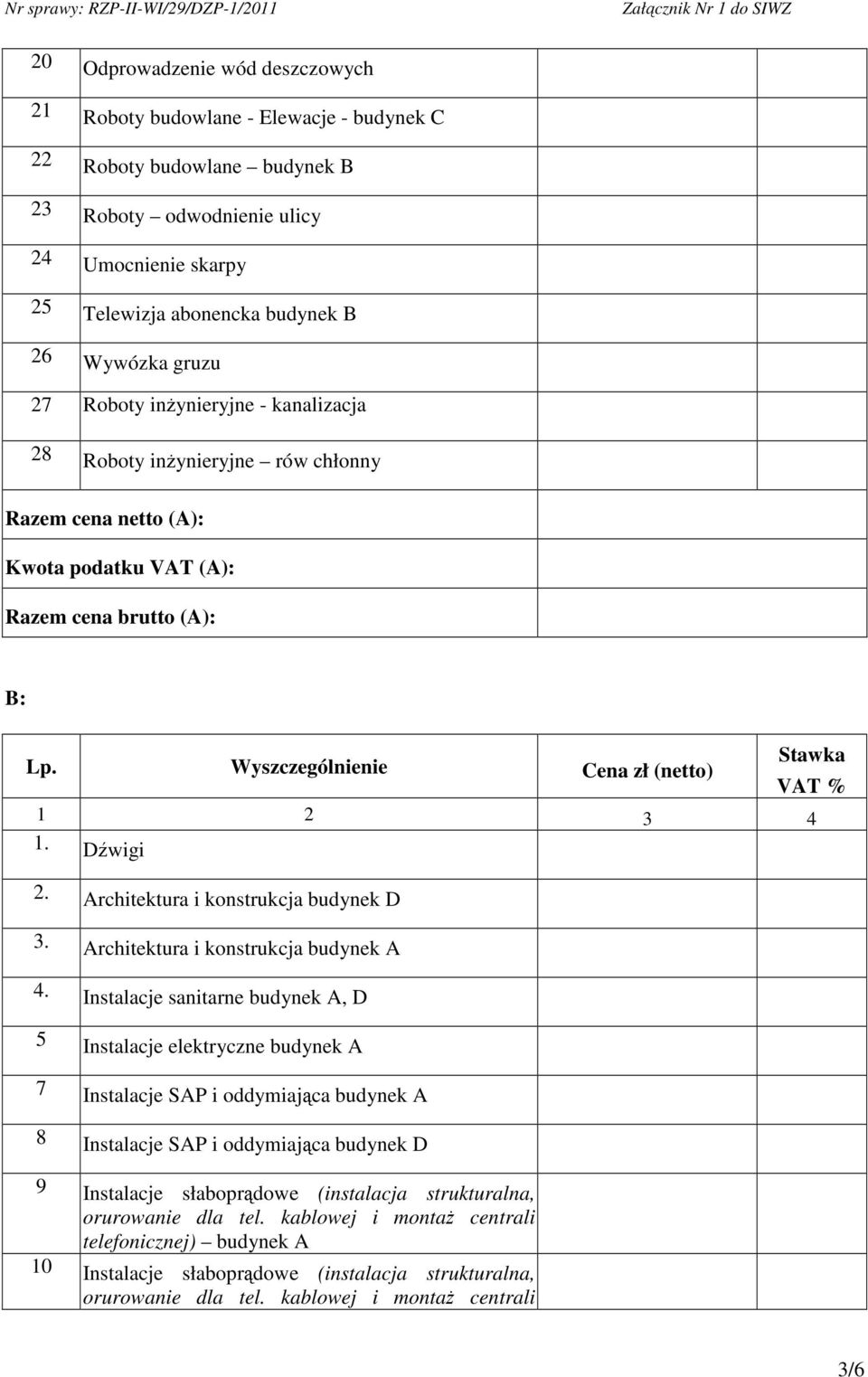 Wyszczególnienie Cena zł (netto) Stawka VAT % 1 2 3 4 1. Dwigi 2. Architektura i konstrukcja budynek D 3. Architektura i konstrukcja budynek A 4.