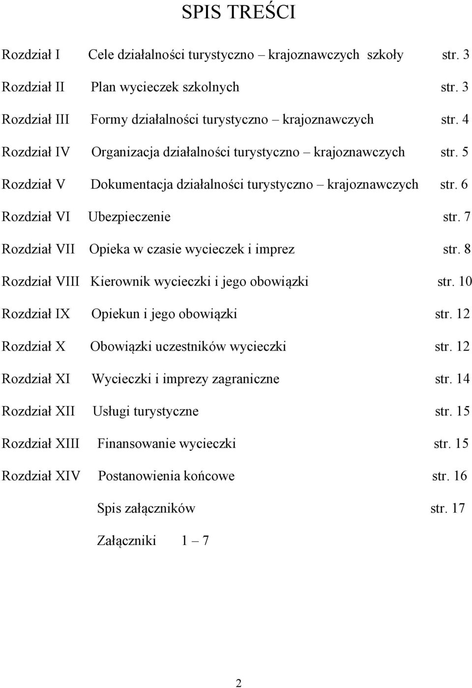 7 Rozdział VII Opieka w czasie wycieczek i imprez str. 8 Rozdział VIII Kierownik wycieczki i jego obowiązki str. 10 Rozdział IX Opiekun i jego obowiązki str.