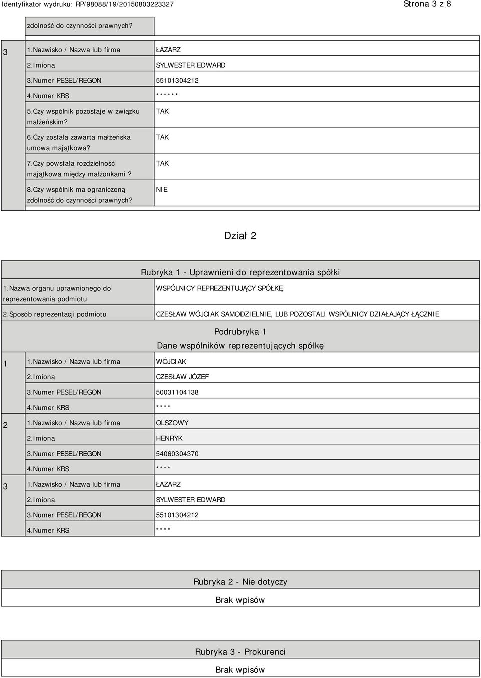 NIE Dział 2 Rubryka 1 - Uprawnieni do reprezentowania spółki 1.Nazwa organu uprawnionego do reprezentowania podmiotu 2.