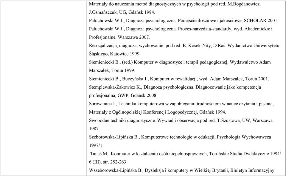 Resocjalizacja, diagnoza, wychowanie pod red. B. Kosek-Nity, D.Raś. Wydanictwo Uniwersytetu Śląskiego, Katowice 1999. Siemieniecki B., (red.