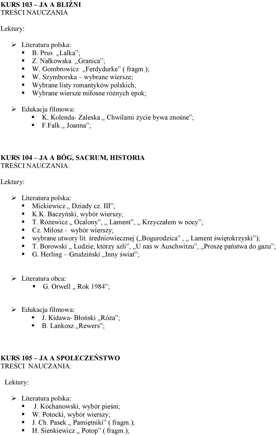 Falk Joanna ; KURS 104 JA A BÓG, SACRUM, HISTORIA : Mickiewicz Dziady cz. III ; K.K. Baczyński, wybór wierszy; T. Różewicz Ocalony, Lament, Krzyczałem w nocy ; Cz.