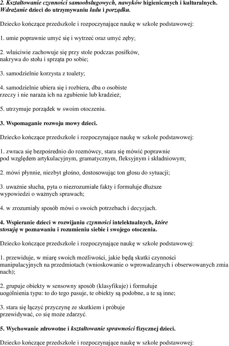 samodzielnie ubiera się i rozbiera, dba o osobiste rzeczy i nie naraża ich na zgubienie lub kradzież; 5. utrzymuje porządek w swoim otoczeniu. 3. Wspomaganie rozwoju mowy dzieci. 1.