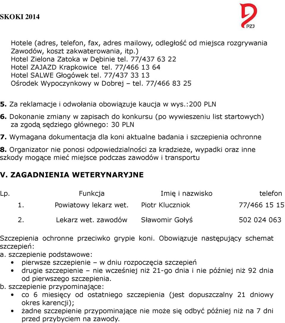 Dokonanie zmiany w zapisach do konkursu (po wywieszeniu list startowych) za zgodą sędziego głównego: 30 PLN 7. Wymagana dokumentacja dla koni aktualne badania i szczepienia ochronne 8.
