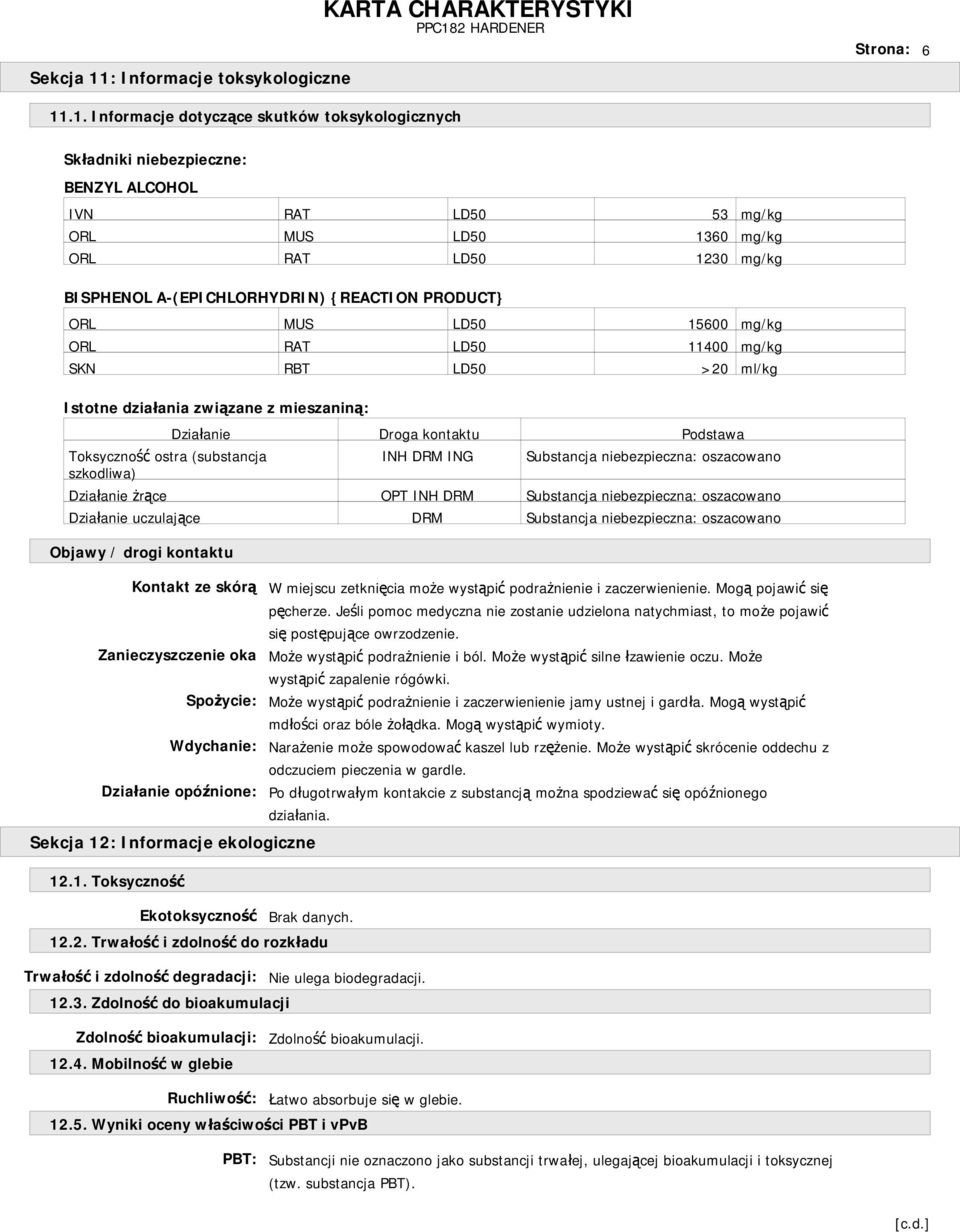 .1. Informacje dotyczące skutków toksykologicznych Składniki niebezpieczne: BENZYL ALCOHOL IVN RAT LD50 53 mg/kg ORL MUS LD50 1360 mg/kg ORL RAT LD50 1230 mg/kg BISPHENOL A-(EPICHLORHYDRIN) {REACTION