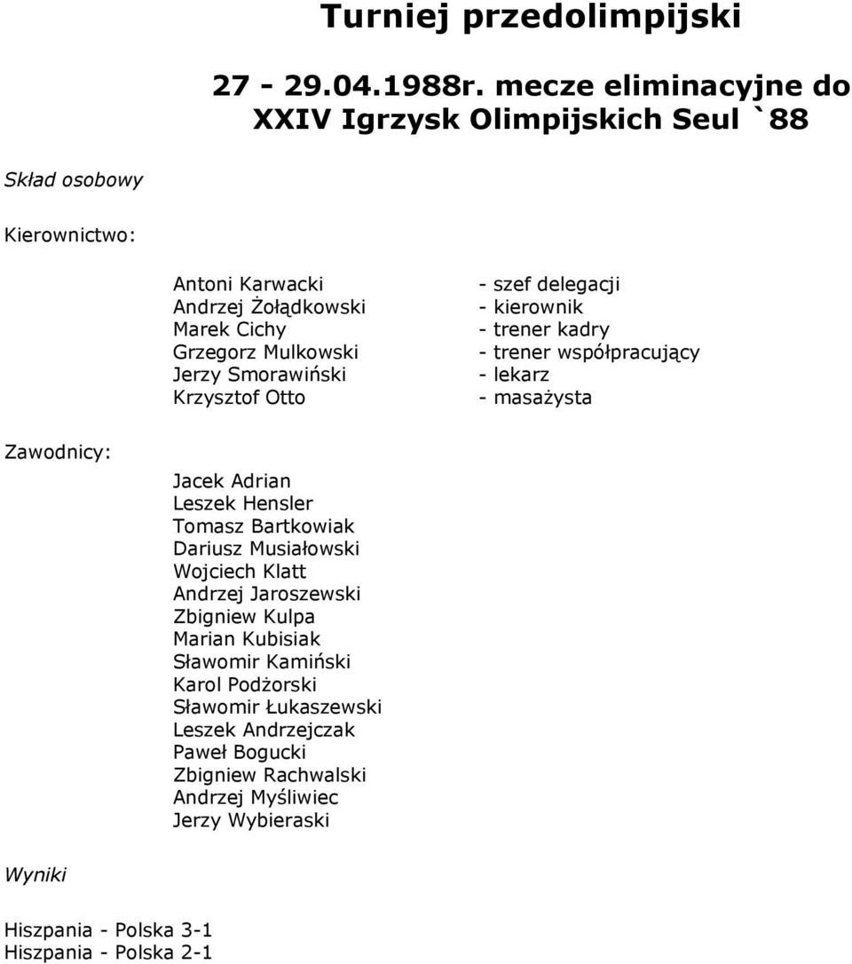 Smorawiński Krzysztof Otto - szef delegacji - kierownik - trener kadry - trener współpracujący - lekarz - masażysta Zawodnicy: Jacek Adrian Leszek Hensler Tomasz