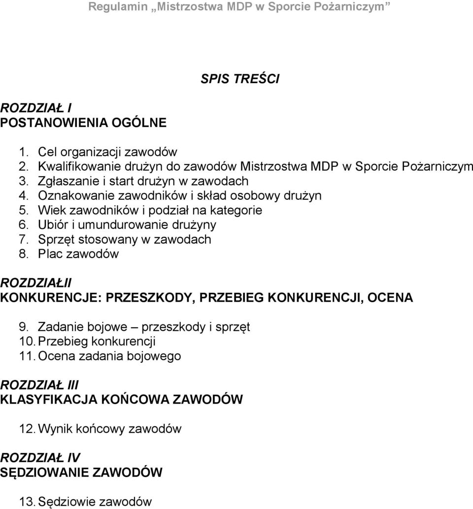 Ubiór i umundurowanie drużyny 7. Sprzęt stosowany w zawodach 8. Plac zawodów ROZDZIAŁII KONKURENCJE: PRZESZKODY, PRZEBIEG KONKURENCJI, OCENA 9.