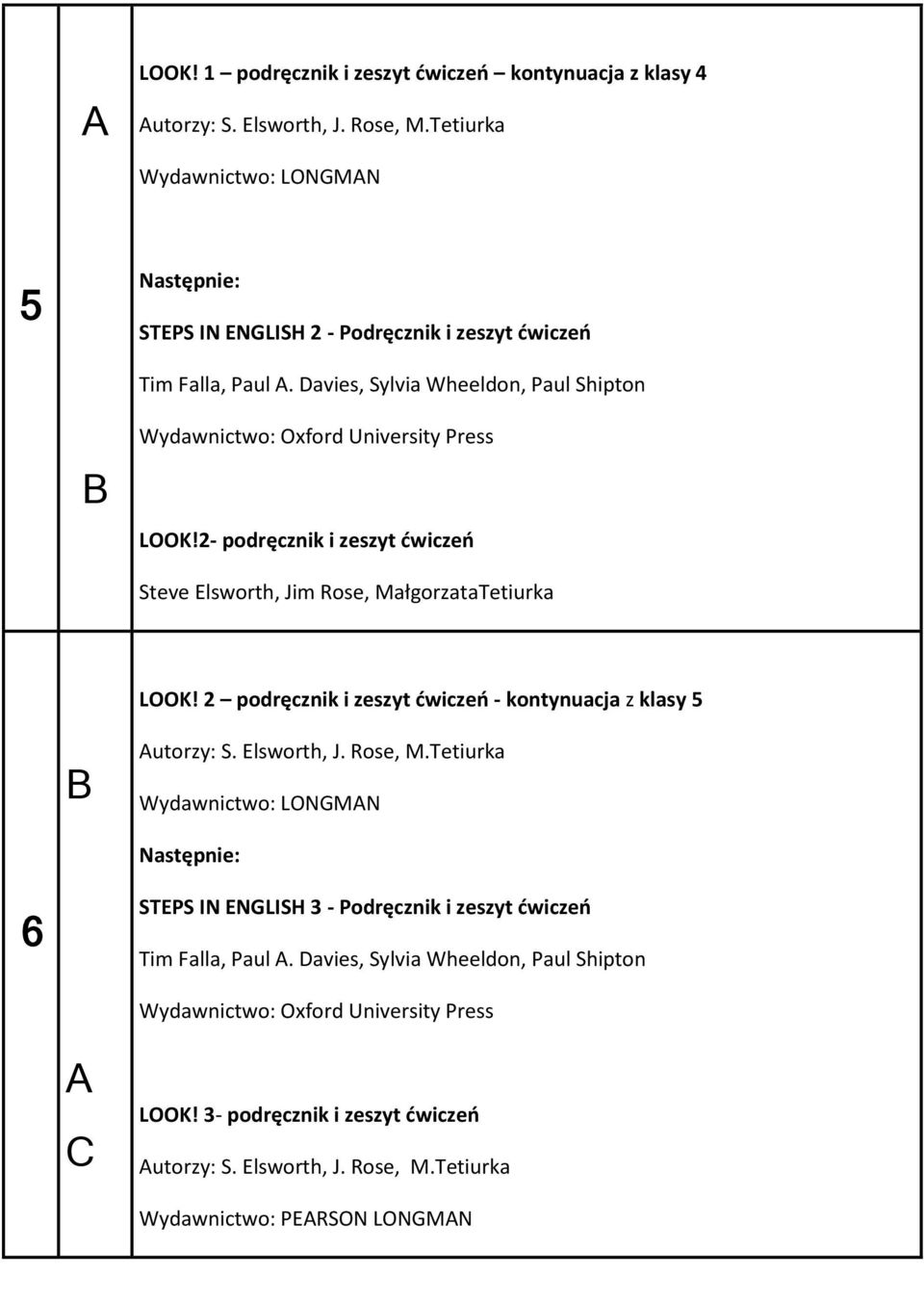 2 i zeszyt ćwiczeń Steve Elsworth, Jim Rose, MałgorzataTetiurka LOOK! 2 podręcznik i zeszyt ćwiczeń - kontynuacja z klasy 5 utorzy: S. Elsworth, J. Rose, M.Tetiurka Wydawnictwo: LONGMN Następnie: 6 STEPS IN ENGLISH 3 - Podręcznik i zeszyt ćwiczeń Tim Falla, Paul.