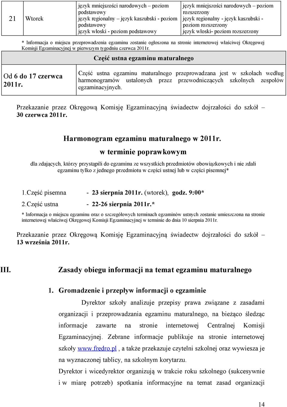 Komisji Egzaminacyjnej w pierwszym tygodniu czerwca 2011r. Część ustna egzaminu maturalnego Od 6 do 17 czerwca 2011r.