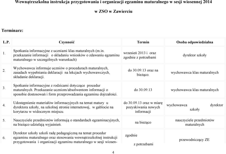 Wychowawca informuje uczniów o procedurach maturalnych, zasadach wypełniania deklaracji na lekcjach wychowawczych, składanie deklaracji. do 30.09.13 oraz na bieżąco. wychowawca klas maturalnych 3.