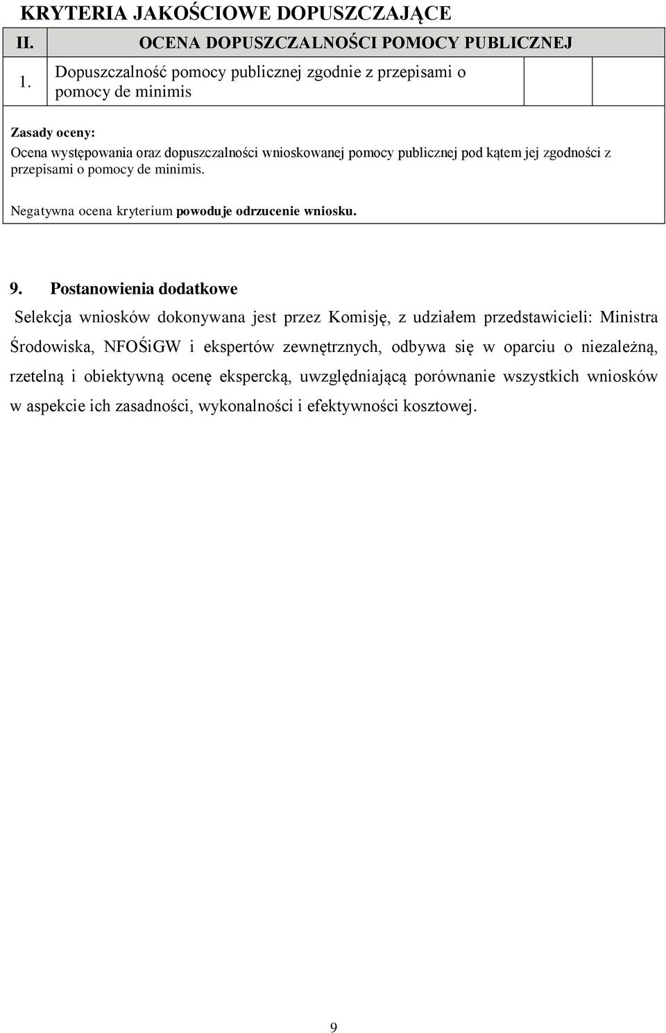 pomocy publicznej pod kątem jej zgodności z przepisami o pomocy de minimis. Negatywna ocena kryterium powoduje odrzucenie wniosku. 9.