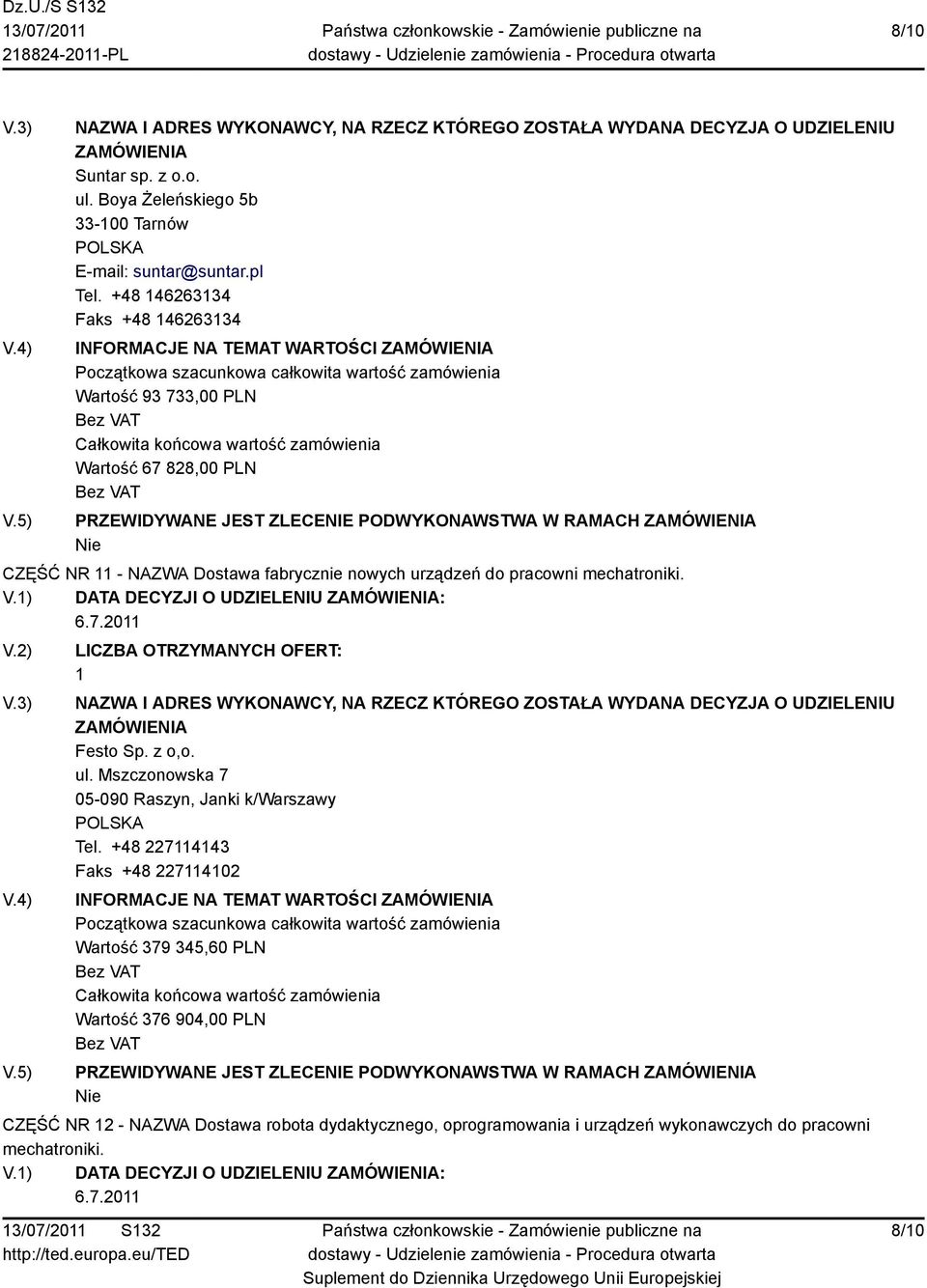 pracowni mechatroniki. V.) DATA DECYZJI O UDZIELENIU : Festo Sp. z o,o. ul. Mszczonowska 7 05-090 Raszyn, Janki k/warszawy Tel.