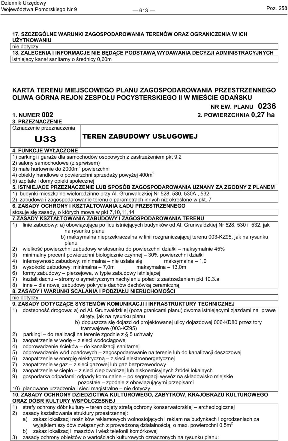 PRZEZNACZENIE U33 TEREN ZABUDOWY US UGOWEJ 4. FUNKCJE WY CZONE 1) parkingi i gara e dla samochodów osobowych z zastrze eniem pkt 9.