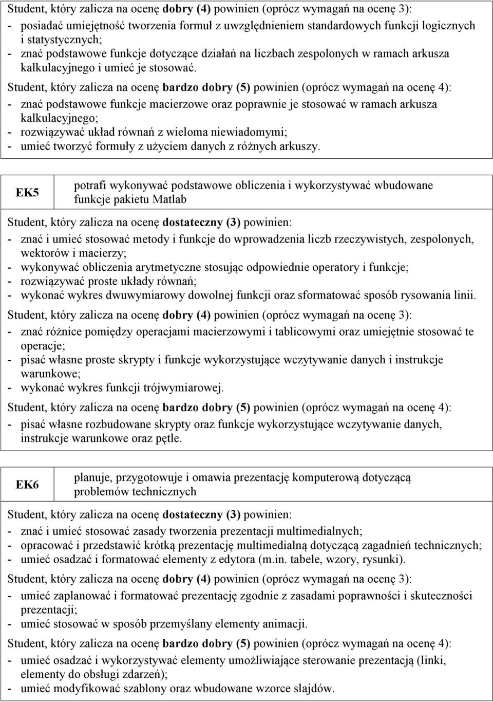 - znać podstawowe funkcje macierzowe oraz poprawnie je stosować w ramach arkusza kalkulacyjnego; - rozwiązywać układ równań z wieloma niewiadomymi; - umieć tworzyć formuły z użyciem danych z różnych