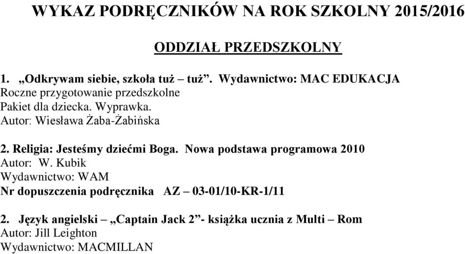 Autor: Wiesława Żaba-Żabińska 2. Religia: Jesteśmy dziećmi Boga. Nowa podstawa programowa 2010 Autor: W.