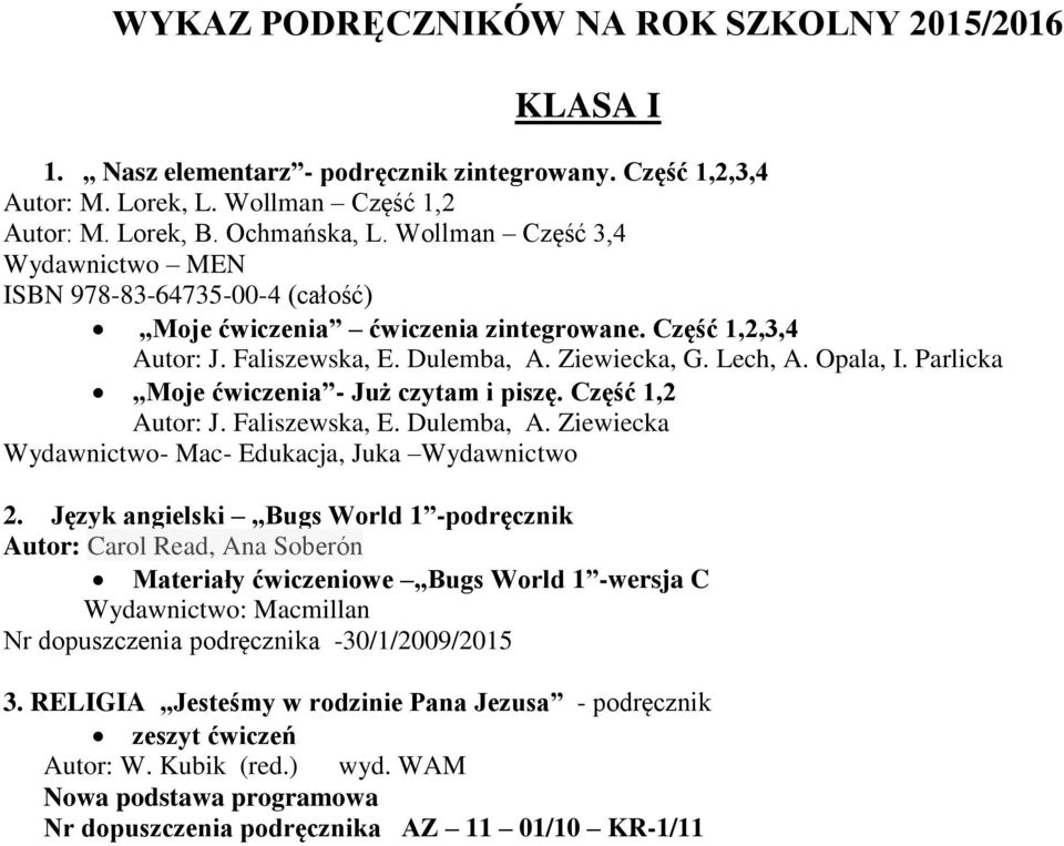 Parlicka Moje ćwiczenia - Już czytam i piszę. Część 1,2 Autor: J. Faliszewska, E. Dulemba, A. Ziewiecka Wydawnictwo- Mac- Edukacja, Juka Wydawnictwo 2.