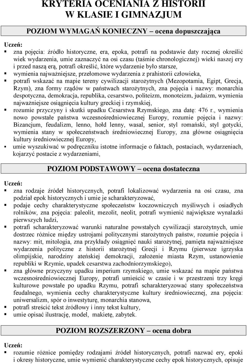 prahistorii człowieka, potrafi wskazać na mapie tereny cywilizacji starożytnych (Mezopotamia, Egipt, Grecja, Rzym), zna formy rządów w państwach starożytnych, zna pojęcia i nazwy: monarchia