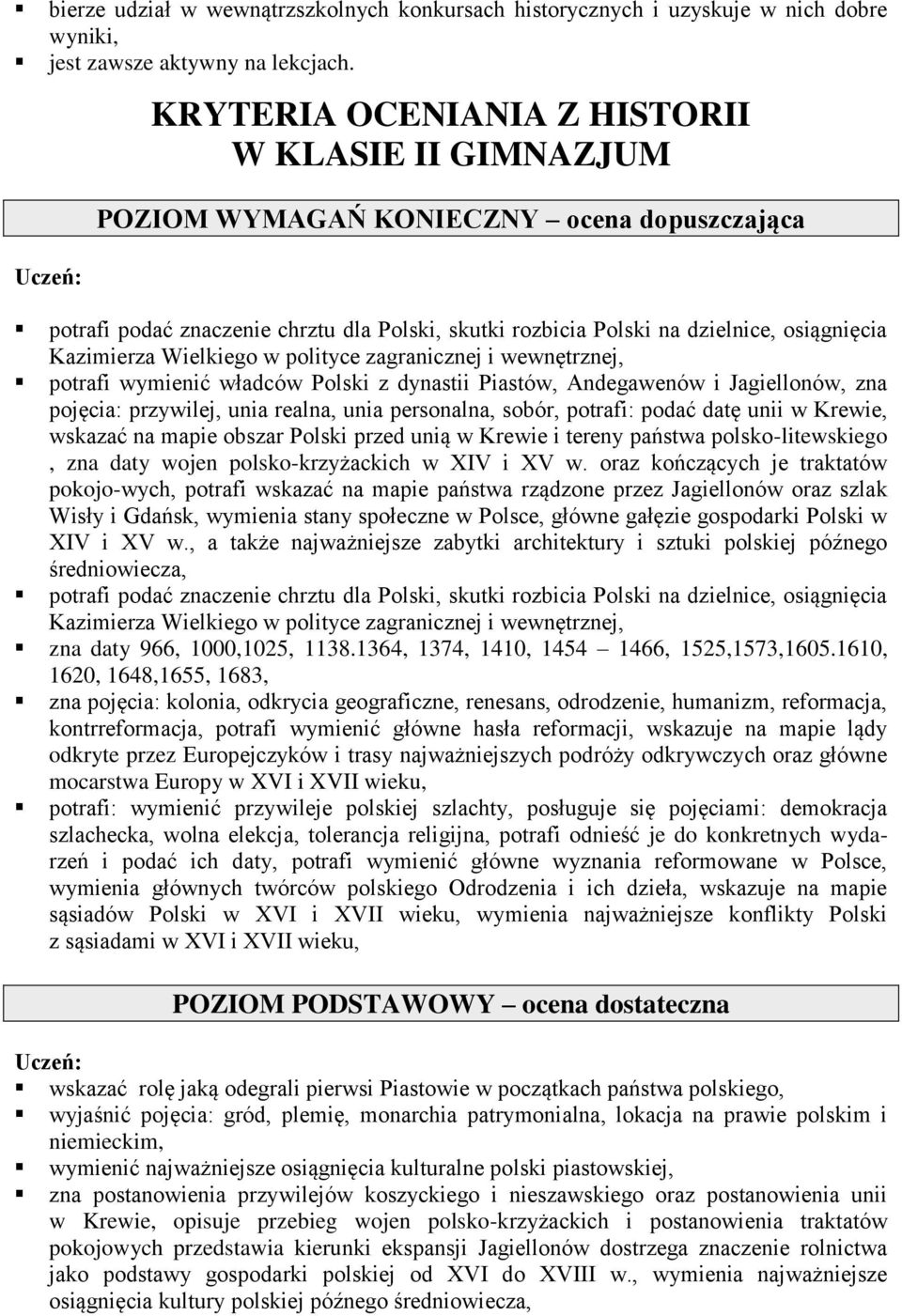 Wielkiego w polityce zagranicznej i wewnętrznej, potrafi wymienić władców Polski z dynastii Piastów, Andegawenów i Jagiellonów, zna pojęcia: przywilej, unia realna, unia personalna, sobór, potrafi: