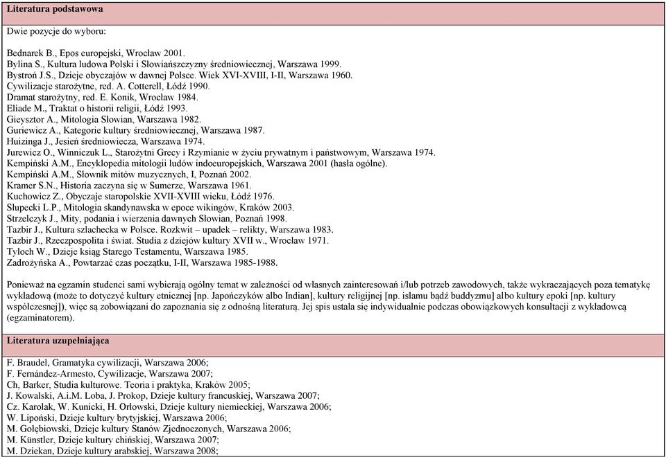 Gieysztor A., Mitologia Słowian, Warszawa 1982. Guriewicz A., Kategorie kultury średniowiecznej, Warszawa 1987. Huizinga J., Jesień średniowiecza, Warszawa 1974. Jurewicz O., Winniczuk L.