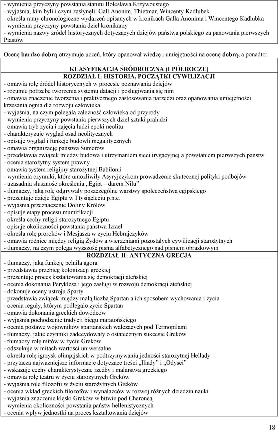 Piastów Ocenę bardzo dobrą otrzymuje uczeń, który opanował wiedzę i umiejętności na ocenę dobrą, a ponadto: KLASYFIKACJA ŚRÓDROCZNA (I PÓŁROCZE) ROZDZIAŁ I: HISTORIA, POCZĄTKI CYWILIZACJI - omawia