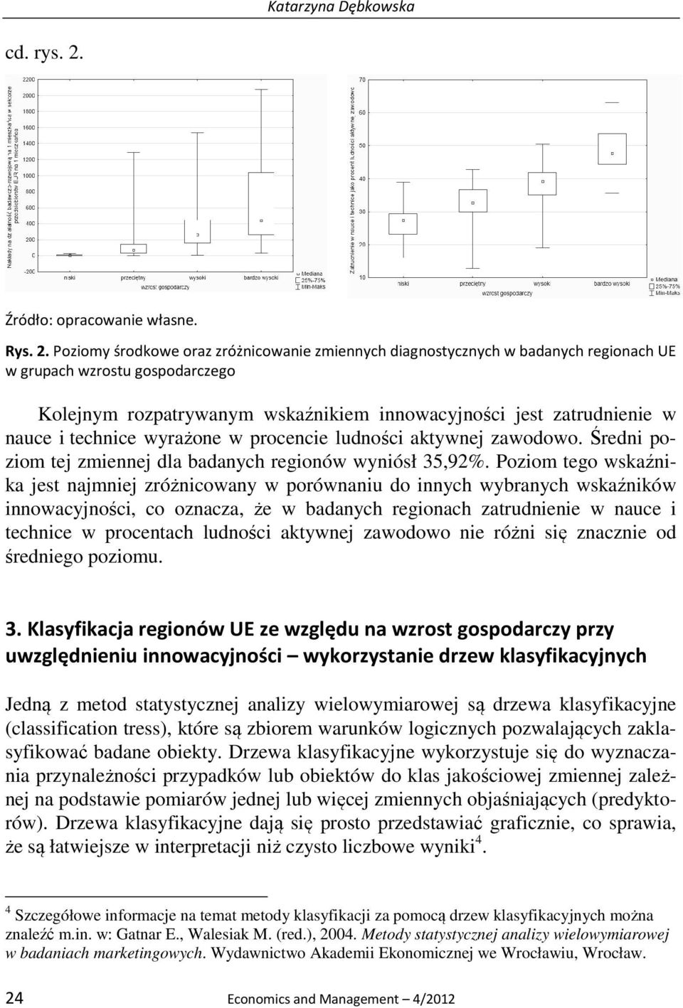 Poziomy środkowe oraz zróżnicowanie zmiennych diagnostycznych w badanych regionach UE w grupach wzrostu gospodarczego Kolejnym rozpatrywanym wskaźnikiem innowacyjności jest zatrudnienie w nauce i