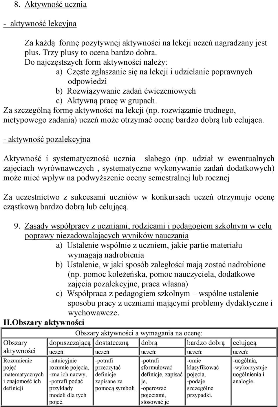 Za szczególną formę aktywności na lekcji (np. rozwiązanie trudnego, nietypowego zadania) uczeń może otrzymać ocenę bardzo dobrą lub celująca.