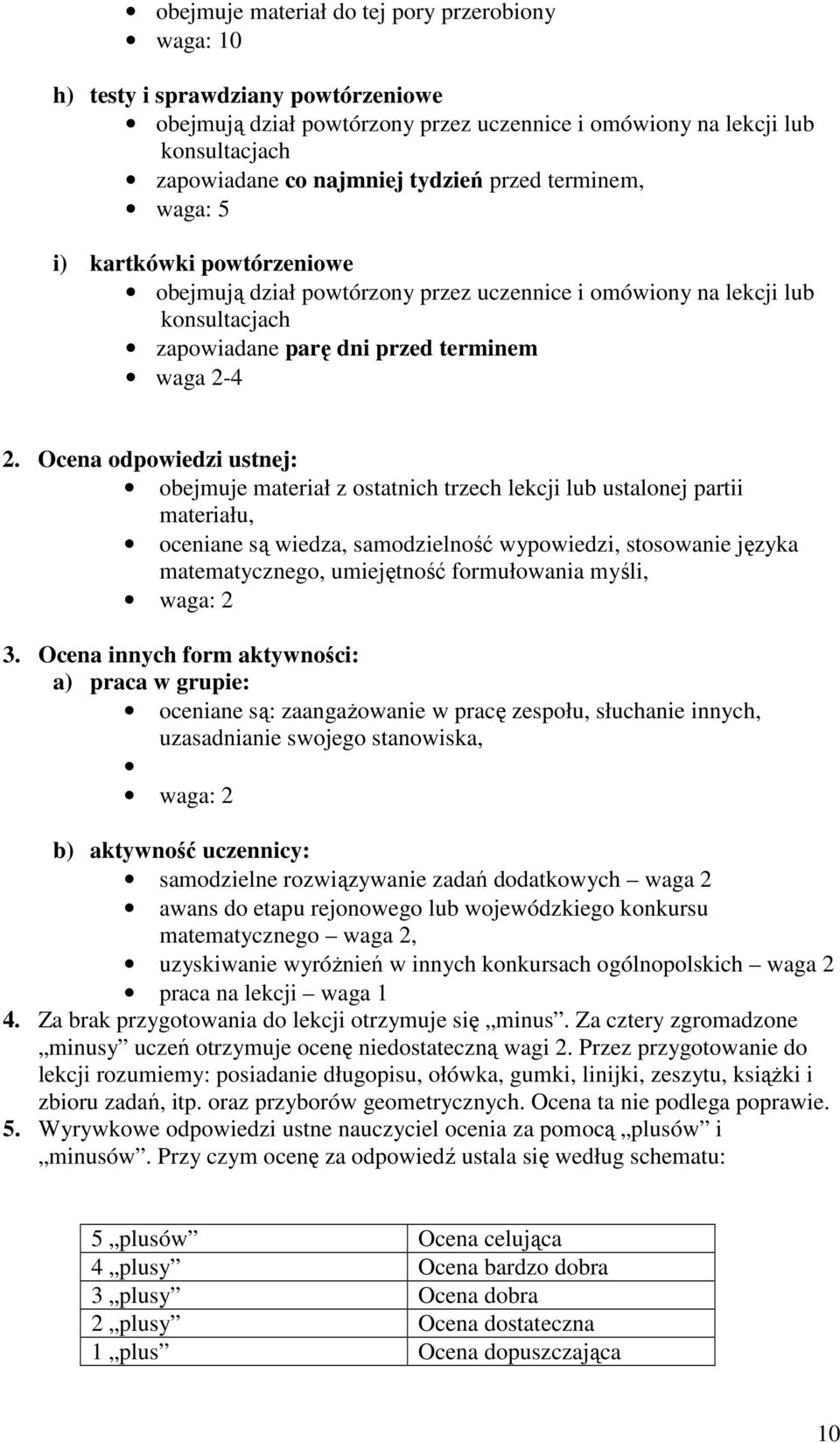 Ocena odpowiedzi ustnej: obejmuje materiał z ostatnich trzech lekcji lub ustalonej partii materiału, oceniane są wiedza, samodzielność wypowiedzi, stosowanie języka matematycznego, umiejętność