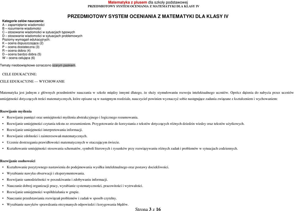 CELE EDUKACYJNE: CELE EDUKACYJNE WYCHOWANIE Matematyka z plusem dla szkoły podstawowej Matematyka jest jednym z głównych przedmiotów nauczania w szkole między innymi dlatego, że służy stymulowaniu