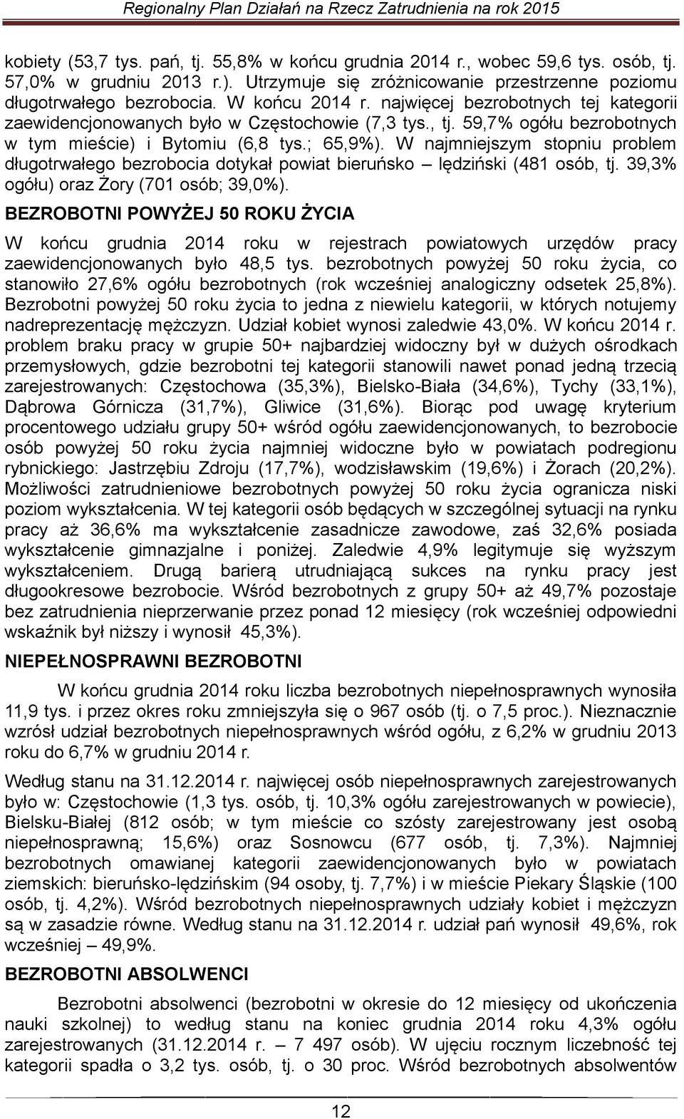 W najmniejszym stopniu problem długotrwałego bezrobocia dotykał powiat bieruńsko lędziński (481 osób, tj. 39,3% ogółu) oraz Żory (701 osób; 39,0%).