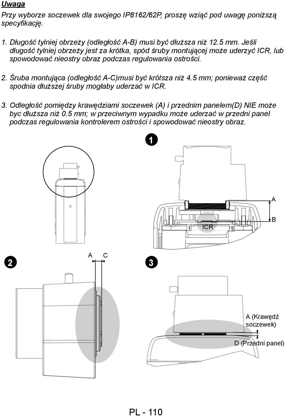 Śruba montująca (odległość A-C)musi być krótsza niż 4.5 mm; ponieważ część spodnia dłuższej śruby mogłaby uderzać w ICR. 3.