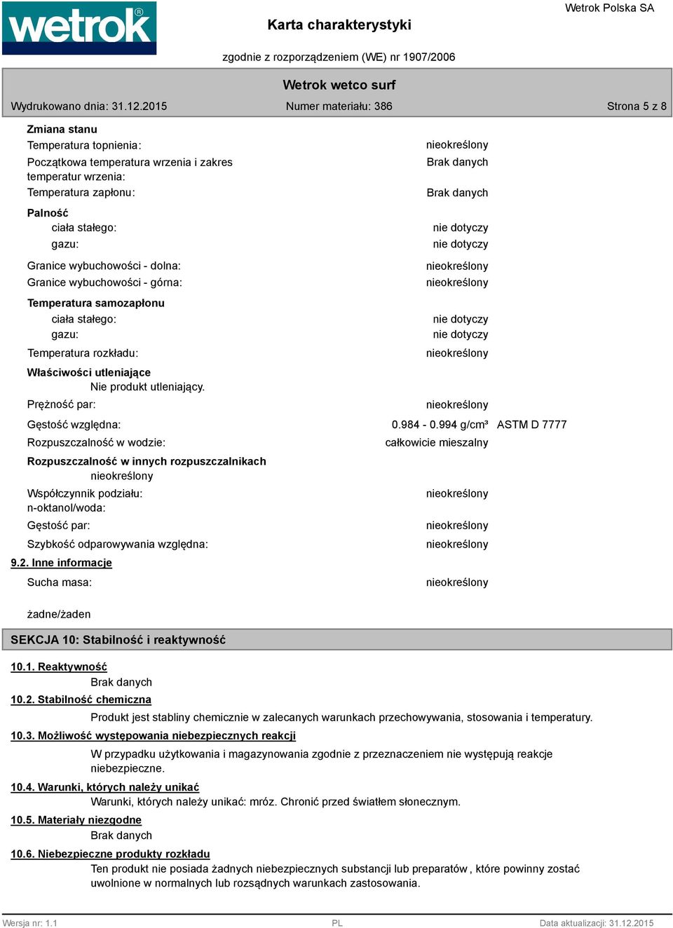 Prężność par: Gęstość względna: 0.984-0.