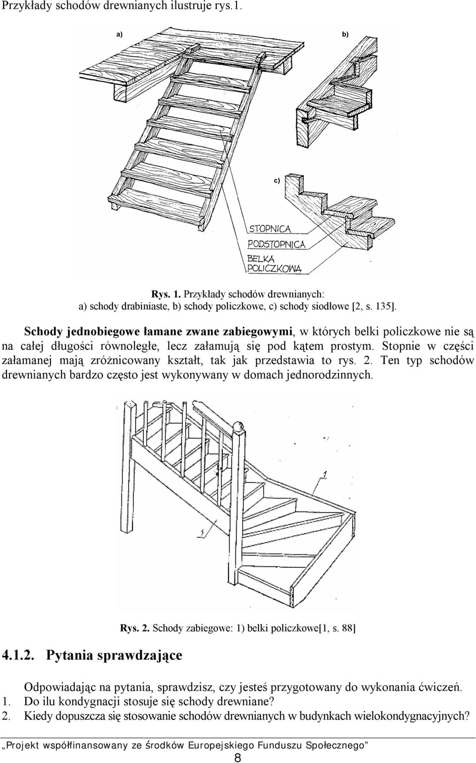 Stopnie w części załamanej mają zróżnicowany kształt, tak jak przedstawia to rys. 2. Ten typ schodów drewnianych bardzo często jest wykonywany w domach jednorodzinnych. 4.1.2. Pytania sprawdzające Rys.
