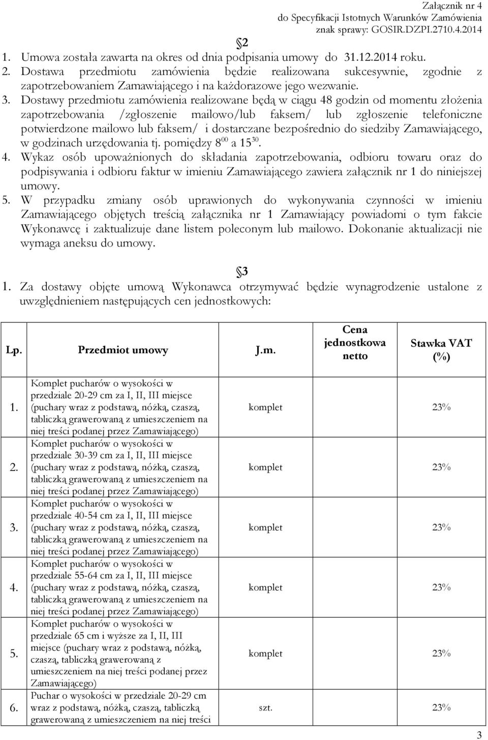 Dostawy przedmiotu zamówienia realizowane będą w ciągu 48 godzin od momentu złożenia zapotrzebowania /zgłoszenie mailowo/lub faksem/ lub zgłoszenie telefoniczne potwierdzone mailowo lub faksem/ i