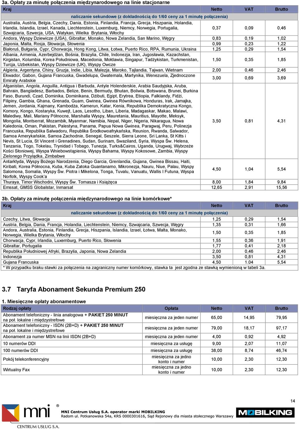 7 Taryfa Abonament Sekunda Premium 250 Abonament telefoniczny - linia analogowa + PAKIET 250 MINUT