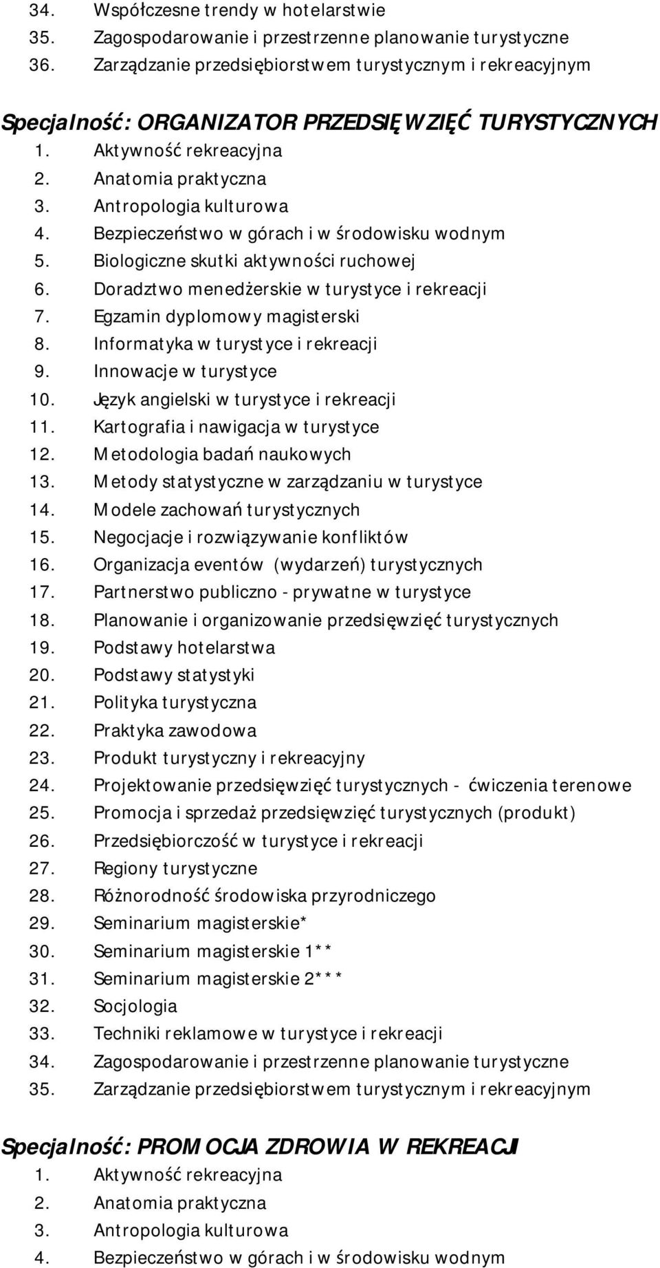 Informatyka w turystyce i rekreacji 9. Innowacje w turystyce 10. Język angielski w turystyce i rekreacji 11. Kartografia i nawigacja w turystyce 12. Metodologia badań naukowych 13.