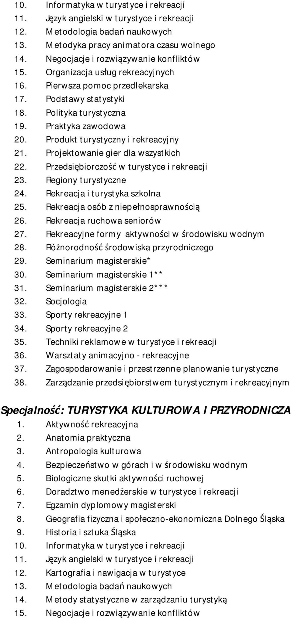 Produkt turystyczny i rekreacyjny 21. Projektowanie gier dla wszystkich 22. Przedsiębiorczość w turystyce i rekreacji 23. Regiony turystyczne 24. Rekreacja i turystyka szkolna 25.