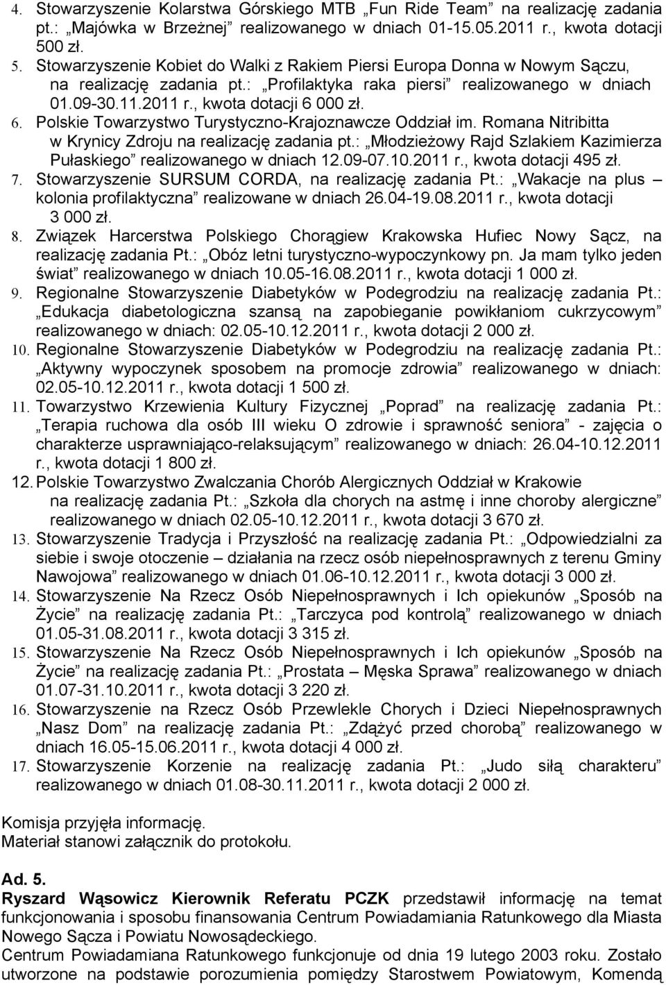 , kwota dotacji 6 000 zł. 6. Polskie Towarzystwo Turystyczno-Krajoznawcze Oddział im. Romana Nitribitta w Krynicy Zdroju na realizację zadania pt.