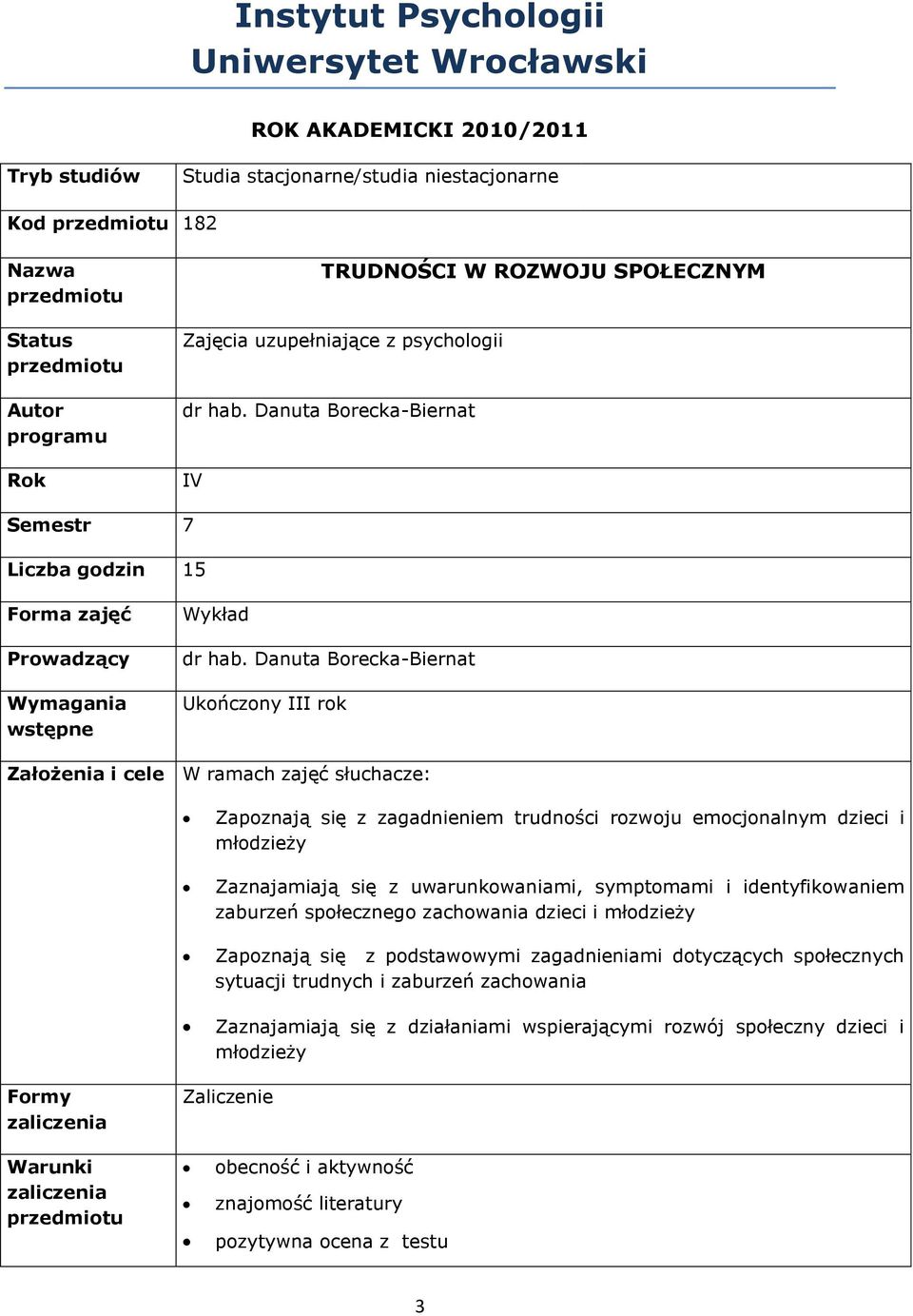 Danuta Borecka-Biernat Ukończony III rok Założenia i cele W ramach zajęć słuchacze: Zapoznają się z zagadnieniem trudności rozwoju emocjonalnym dzieci i młodzieży Zaznajamiają się z uwarunkowaniami,