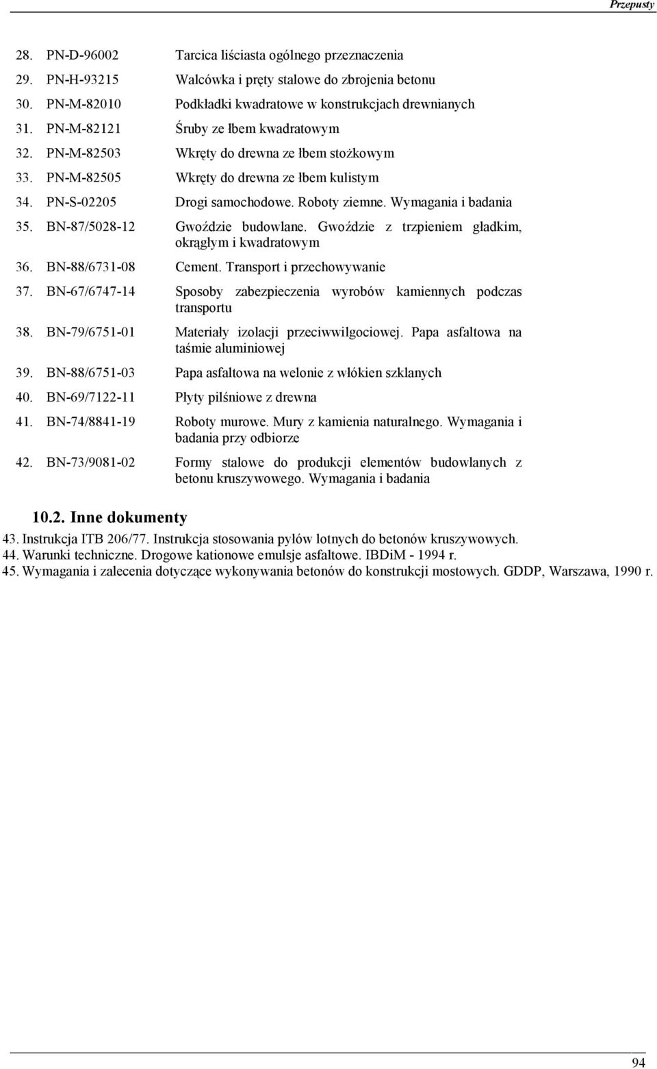 Wymagania i badania 35. BN-87/5028-12 Gwoździe budowlane. Gwoździe z trzpieniem gładkim, okrągłym i kwadratowym 36. BN-88/6731-08 Cement. Transport i przechowywanie 37.