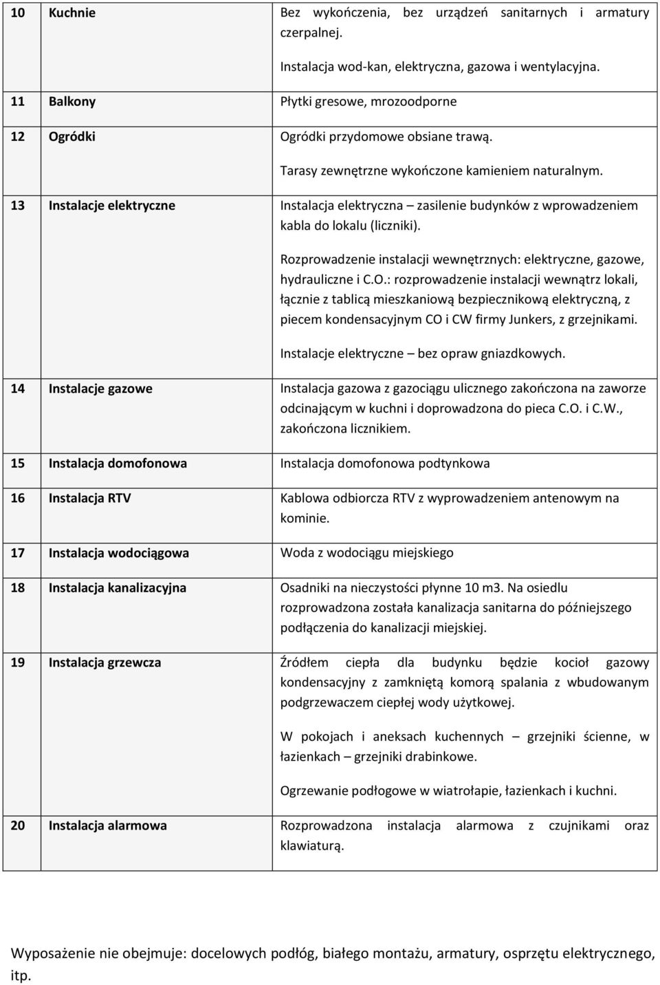 13 Instalacje elektryczne Instalacja elektryczna zasilenie budynków z wprowadzeniem kabla do lokalu (liczniki). Rozprowadzenie instalacji wewnętrznych: elektryczne, gazowe, hydrauliczne i C.O.