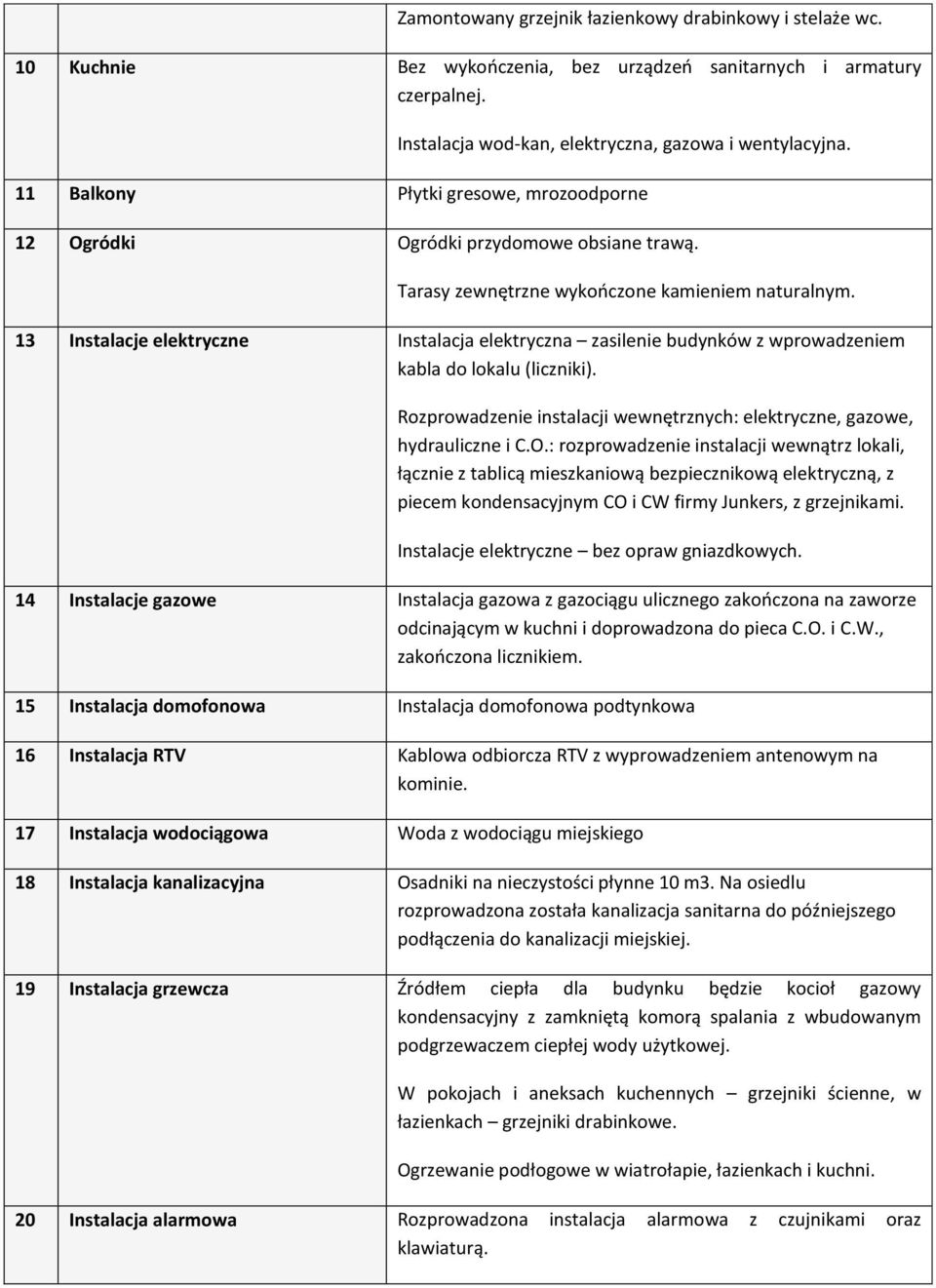 13 Instalacje elektryczne Instalacja elektryczna zasilenie budynków z wprowadzeniem kabla do lokalu (liczniki). Rozprowadzenie instalacji wewnętrznych: elektryczne, gazowe, hydrauliczne i C.O.