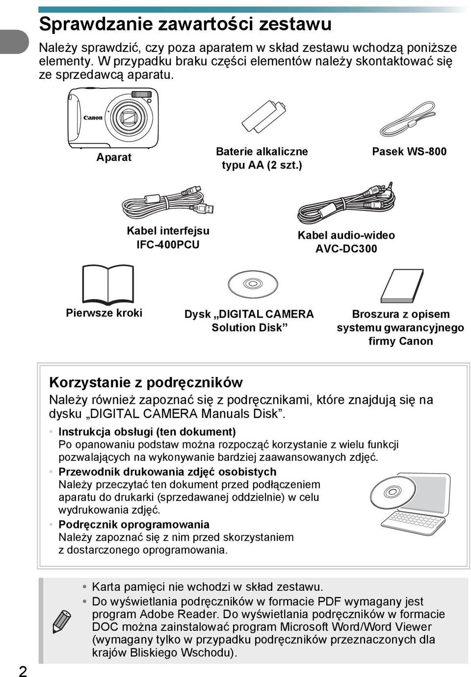 ) Pasek WS-800 Kabel interfejsu IFC-400PCU Kabel audio-wideo AVC-DC300 Pierwsze kroki Dysk DIGITAL CAMERA Solution Disk Broszura z opisem systemu gwarancyjnego firmy Canon Korzystanie z podręczników