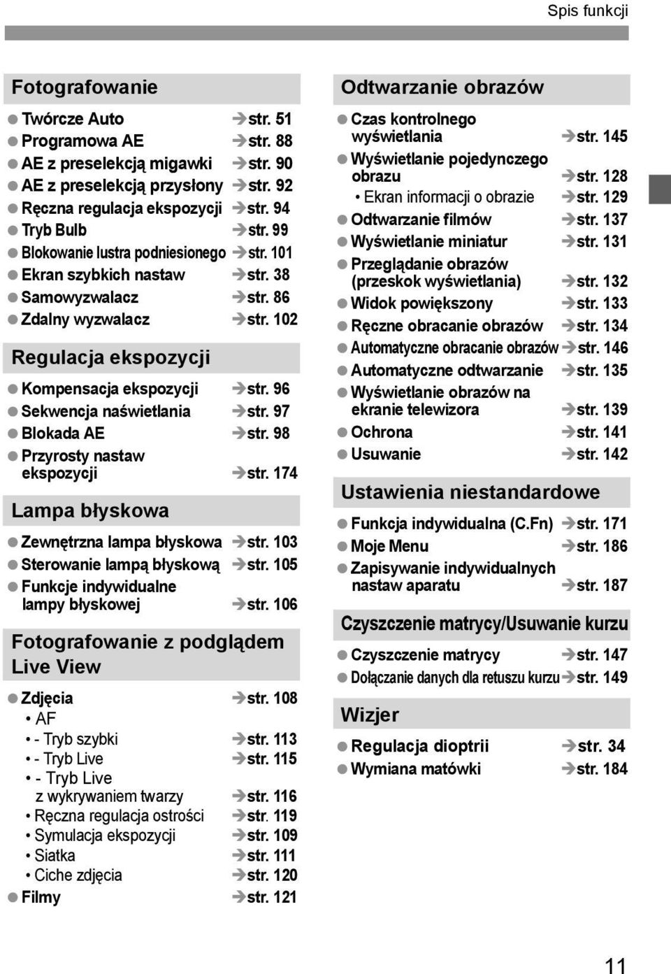 96 Sekwencja naświetlania str. 97 Blokada AE str. 98 Przyrosty nastaw ekspozycji str. 174 Lampa błyskowa Zewnętrzna lampa błyskowa str. 103 Sterowanie lampą błyskową str.