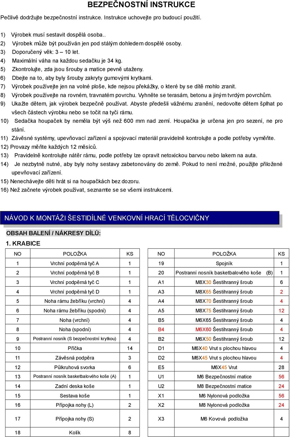 5) Zkontrolujte, zda jsou šrouby a matice pevně utaženy. 6) Dbejte na to, aby byly šrouby zakryty gumovými krytkami.