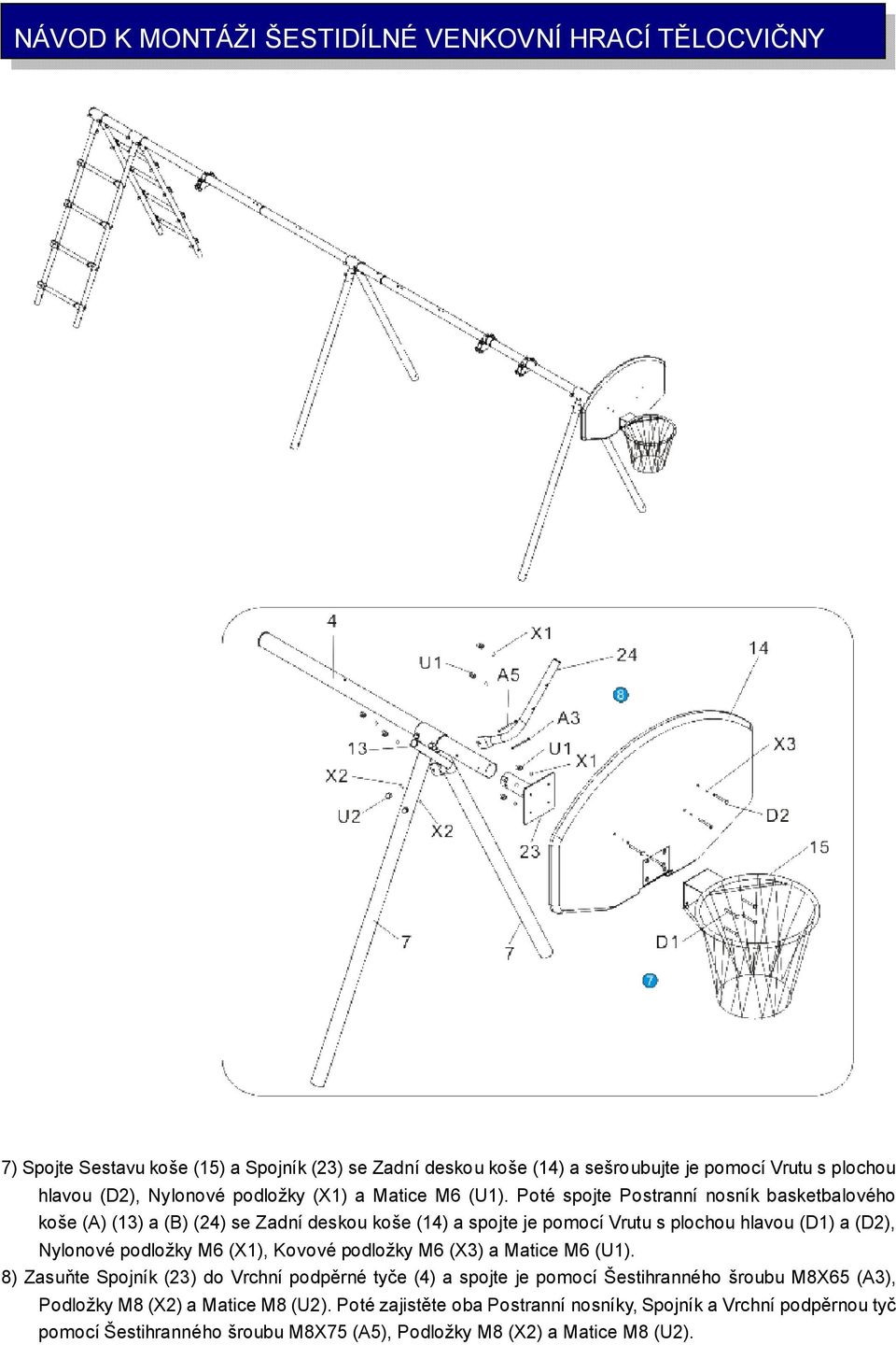 Poté spojte Postranní nosník basketbalového koše (A) (13) a (B) (24) se Zadní deskou koše (14) a spojte je pomocí Vrutu s plochou hlavou (D1) a (D2), Nylonové podložky M6 (X1),