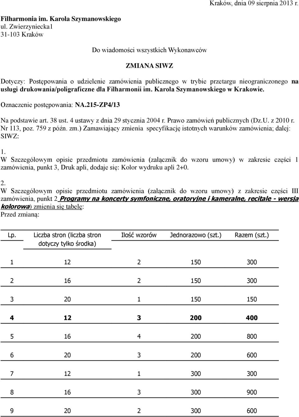 drukowania/poligraficzne dla Filharmonii im. Karola Szymanowskiego w Krakowie. Oznaczenie postępowania: NA.215-ZP4/13 Na podstawie art. 38 ust. 4 ustawy z dnia 29 stycznia 2004 r.