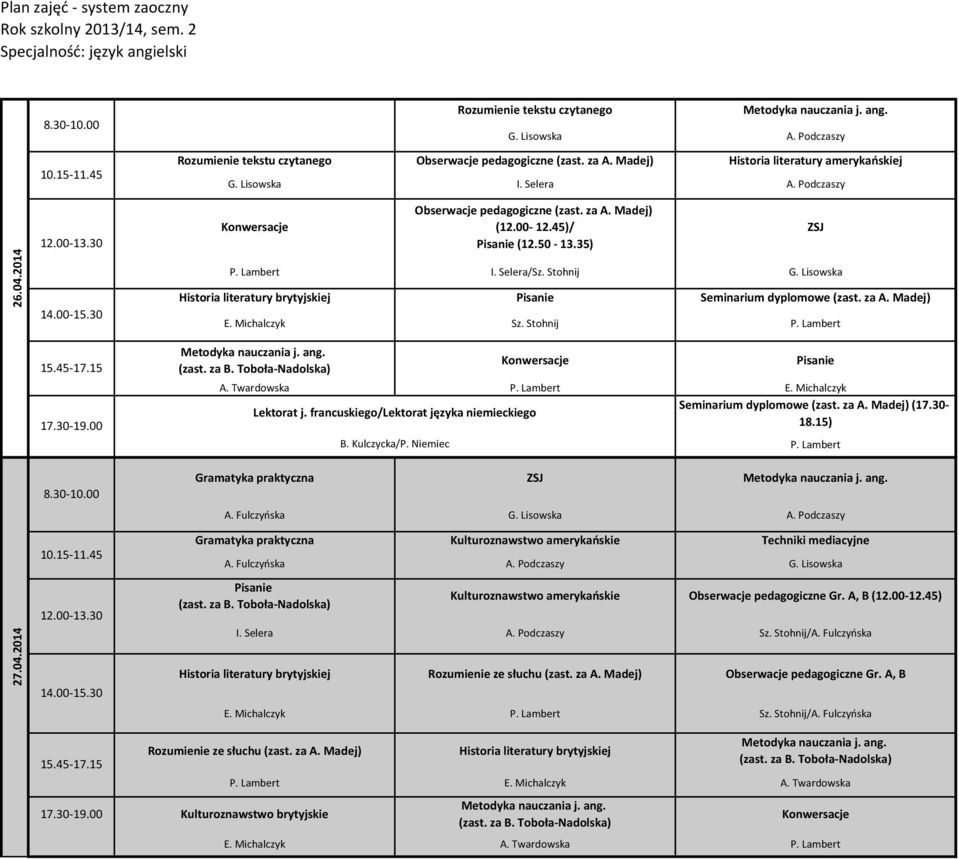 30-18.15) A. Fulczyńska G. Lisowska A. Podczaszy Kulturoznawstwo amerykańskie Techniki mediacyjne A. Fulczyńska A. Podczaszy G. Lisowska Kulturoznawstwo amerykańskie Gr. A, B (12.