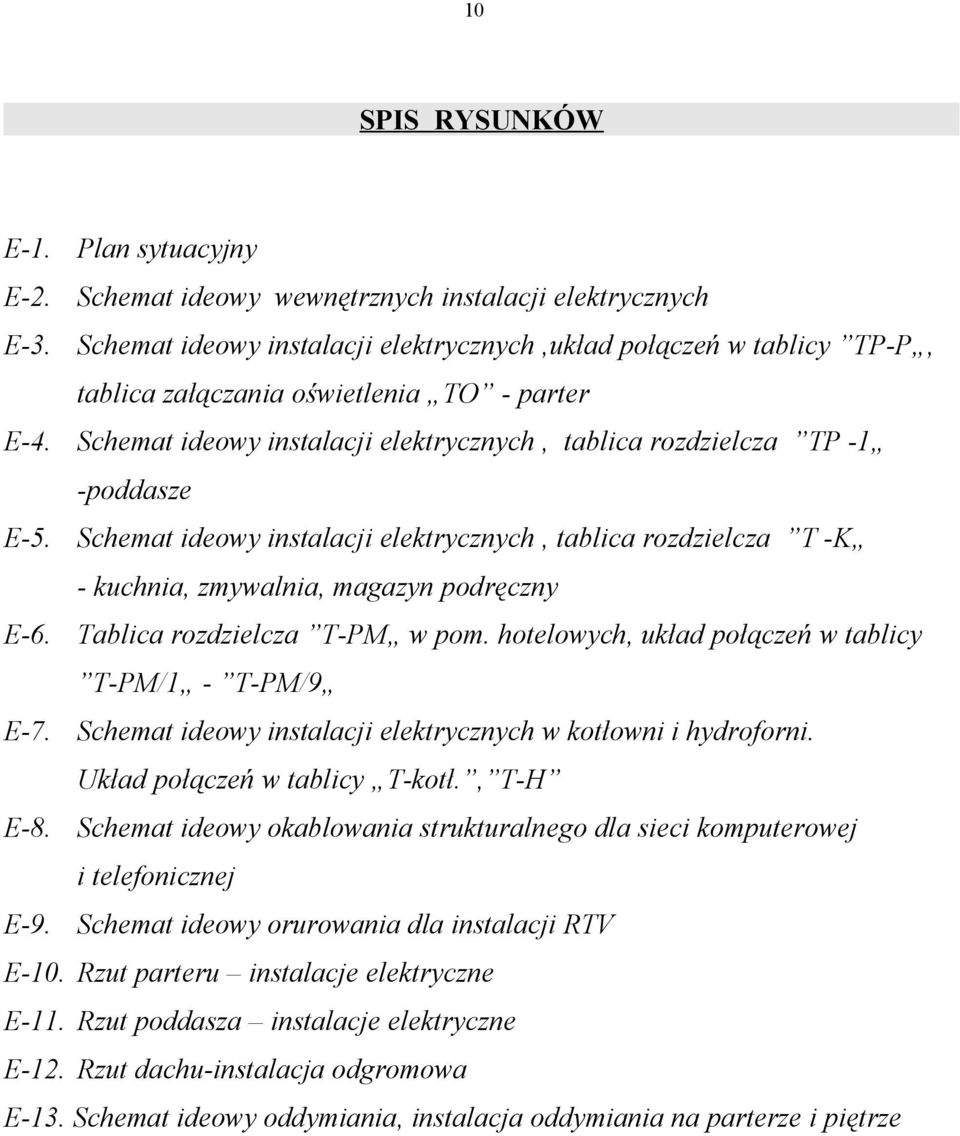 Schemat ideowy instalacji elektrycznych, tablica rozdzielcza T -K - kuchnia, zmywalnia, magazyn podręczny E-6. Tablica rozdzielcza T-PM w pom. hotelowych, układ połączeń w tablicy T-PM/1 - T-PM/9 E-7.