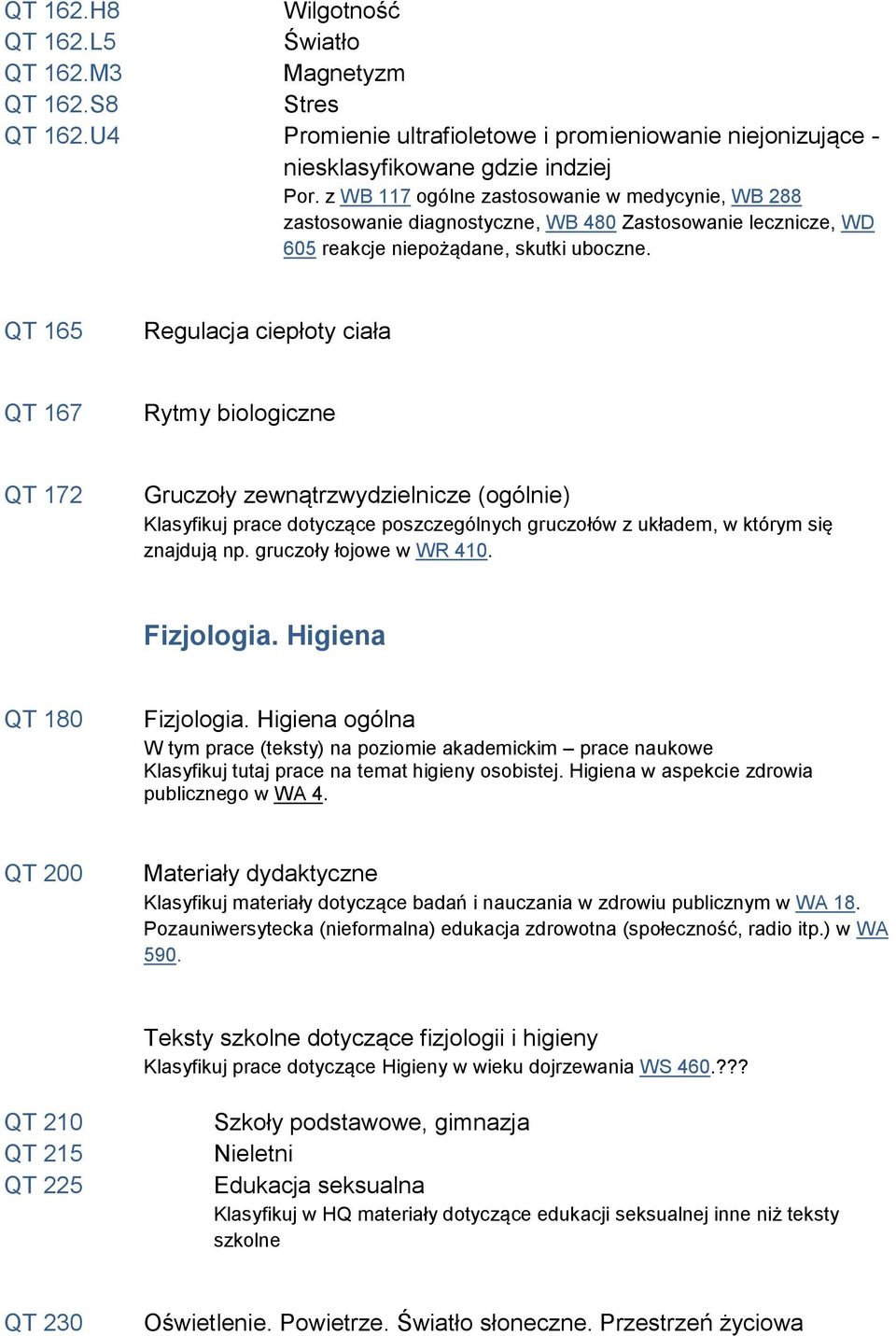 QT 165 Regulacja ciepłoty ciała QT 167 Rytmy biologiczne QT 172 Gruczoły zewnątrzwydzielnicze (ogólnie) Klasyfikuj prace dotyczące poszczególnych gruczołów z układem, w którym się znajdują np.