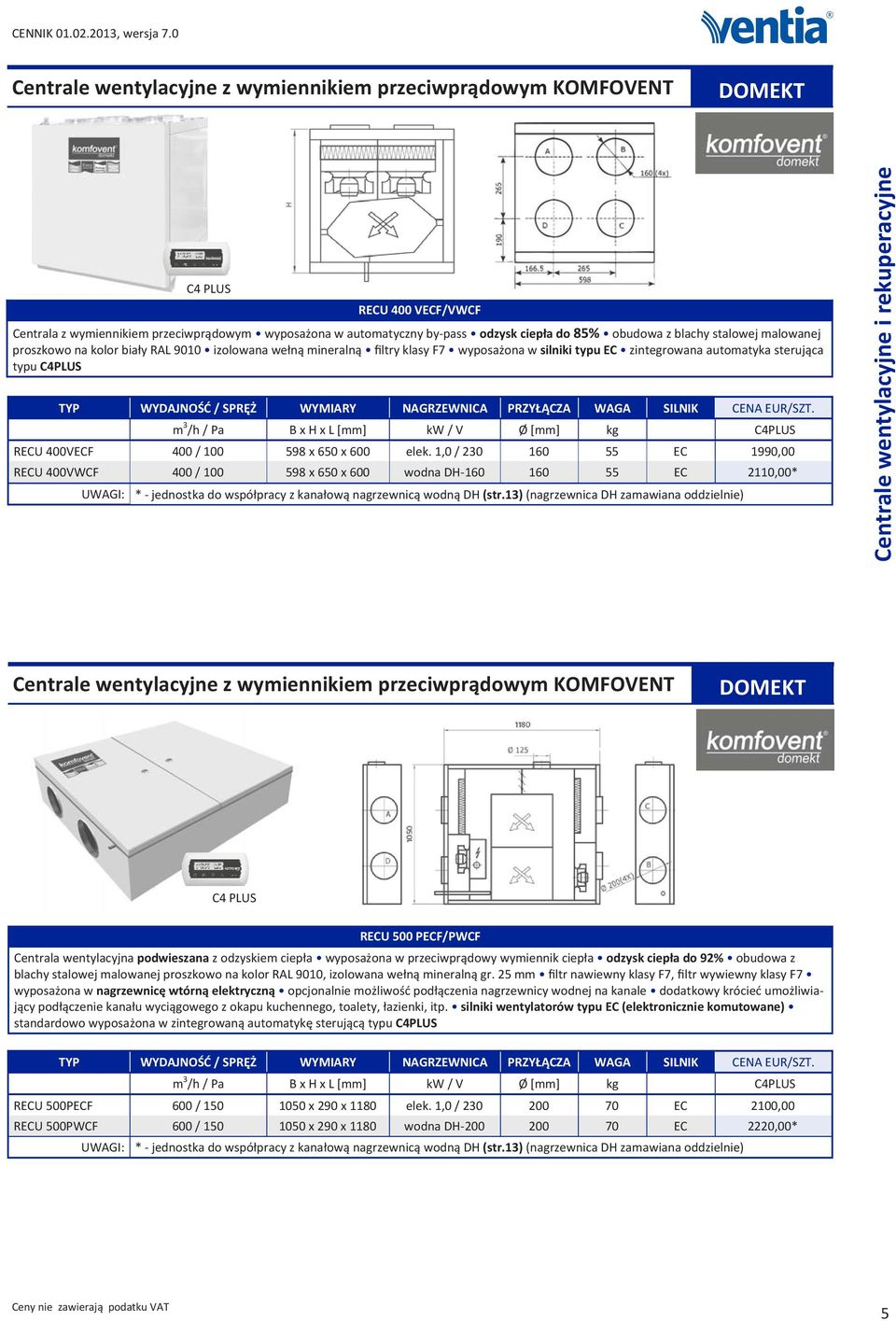 SPRĘŻ WYMIARY NAGRZEWNICA PRZYŁĄCZA WAGA SILNIK CENA m 3 /h / Pa B x H x L [mm] kw / V Ø [mm] kg C4PLUS RECU 400VECF 400 / 100 598 x 650 x 600 elek.