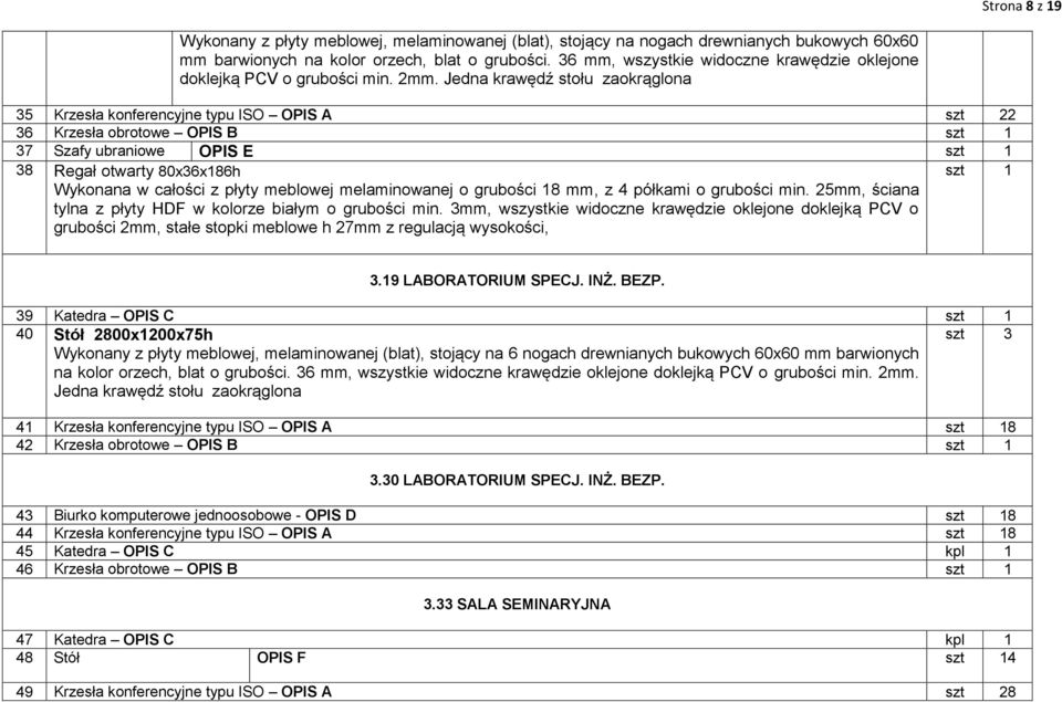 Jedna krawędź stołu zaokrąglona 35 Krzesła konferencyjne typu ISO OPIS A szt 22 36 Krzesła obrotowe OPIS B szt 1 37 Szafy ubraniowe OPIS E szt 1 38 Regał otwarty 80x36x186h Wykonana w całości z płyty